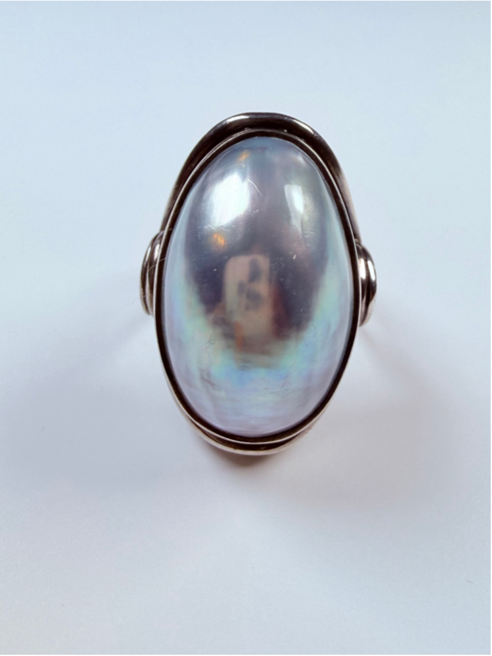 Modernist Bold Blue Gray Mabe Pearl Armor 925 Sterling Silver Large VTG Ring
